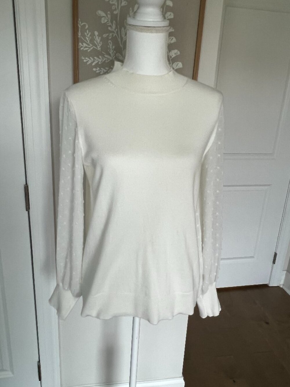 Womens Knit Top With Swiss Dot Sleeves